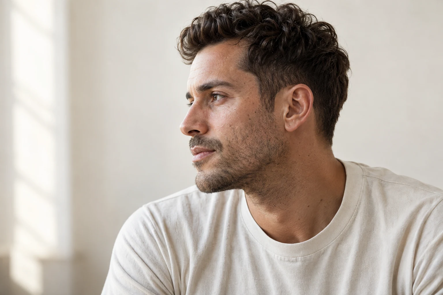 Homem em perfil com corte de transição suave, pele com poros e marcas discretas sob luz lateral.